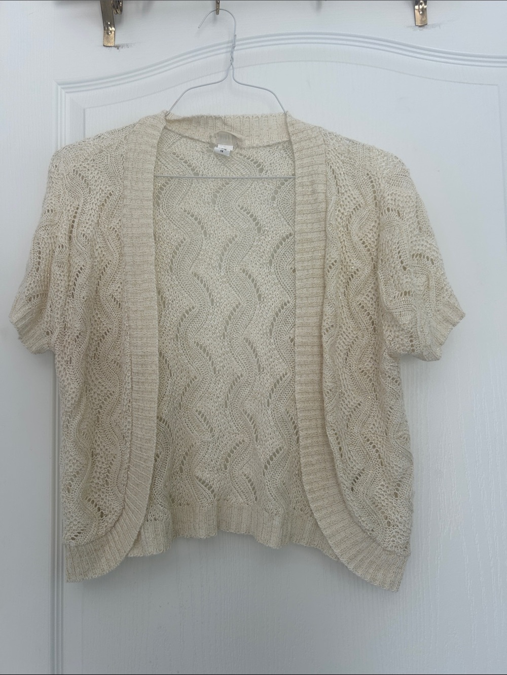 Vintage sweet kizz Open-Front Short Sleeve Knit Cardigan in Cream gold threads